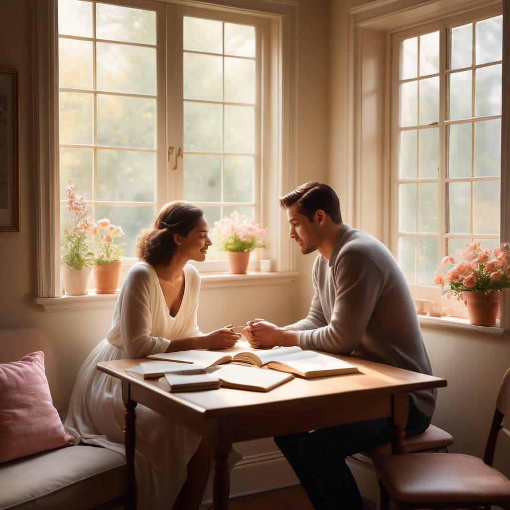 An inviting and warm scene depicting a diverse couple engaged in a heartfelt conversation, surrounded by visual elements representing love such as hearts, flowers, and tools like a notebook and coffee cup. Soft, pastel colors create an atmosphere of calm and positivity, with a subtle sunlight filtering through a window. Include snippets of relationship advice floating around them as text. super-realistic. vibrant colors. soft lighting.