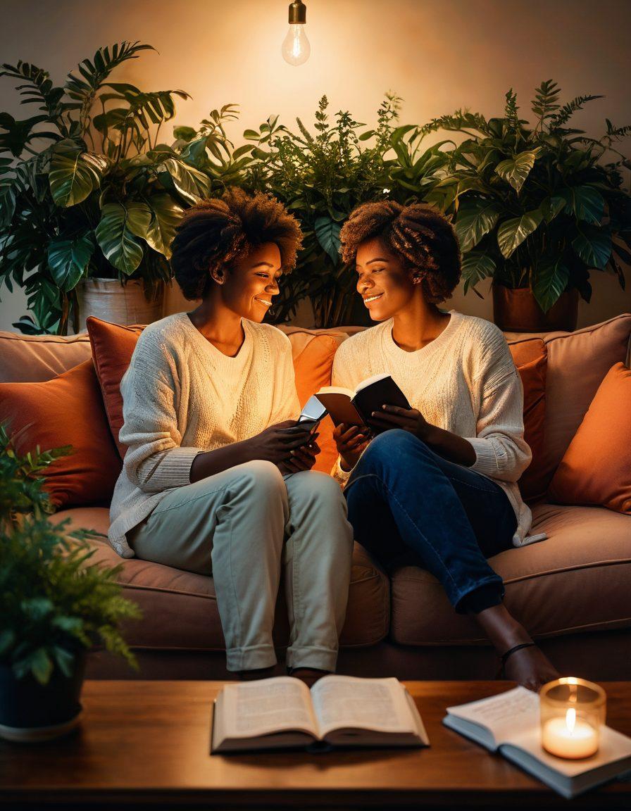A heartwarming scene depicting two diverse individuals sitting on a cozy couch, deeply engaged in conversation, with warm, soft lighting creating an inviting atmosphere. Surrounding them are symbolic elements representing communication and trust, like open books, intertwined hands, and a glowing heart. The background features a beautifully arranged space filled with plants and soft textures to enhance feelings of intimacy. super-realistic. warm colors. cozy ambiance.