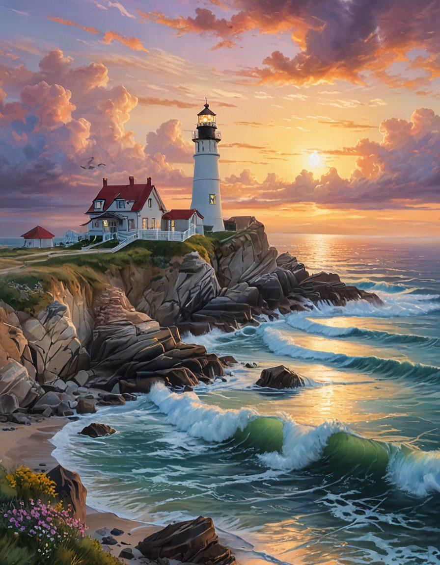 A serene lighthouse standing tall on a rocky coastline, beams of light cutting through misty clouds, symbolizing guidance in love. Surrounding the lighthouse are couples of diverse backgrounds sharing tender moments, depicting unity and support. A calm sea reflects the warm glow of the sunset, instilling hope and tranquility. The sky above is filled with soft pastel hues, enhancing the romantic atmosphere. super-realistic. vibrant colors. peaceful setting.